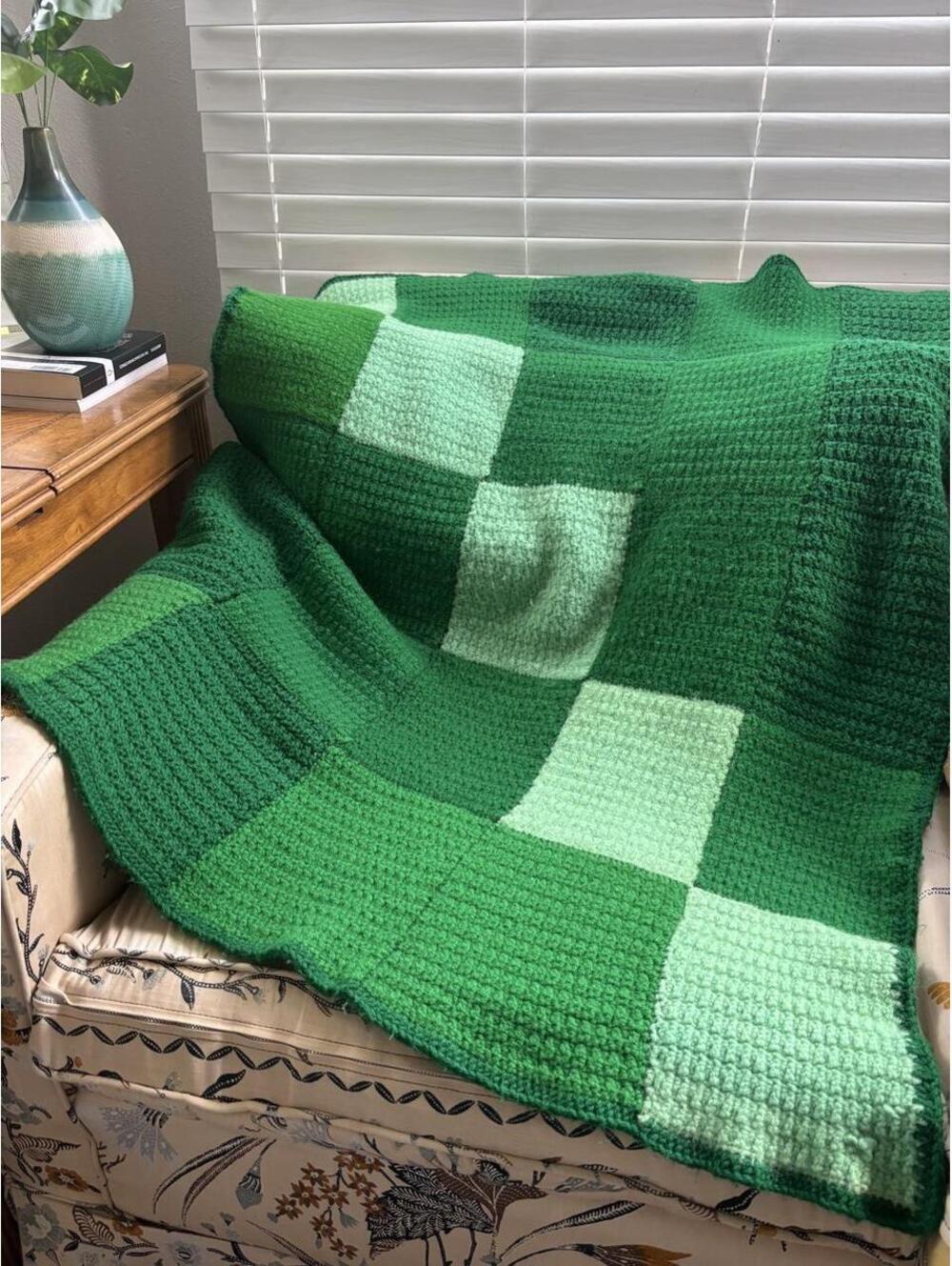 Handmade Crochet Patchwork Throw Blanket Green Checkered Afghan Lap Blanket